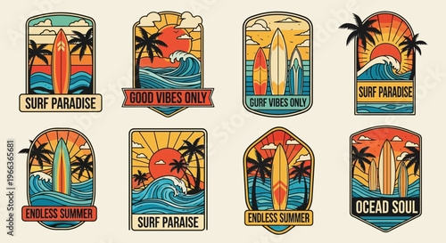 Retro Surf Patches: Palm Trees, Waves, Sunsets, Surfboards - Vector Set