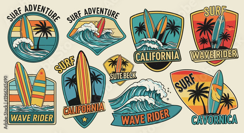 Retro Surf Badges: Waves, Surfboards, Palm Trees, Sunset - Vector Art