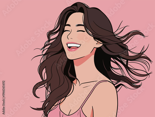 Young woman with long hair smiling against a pink background while enjoying a carefree moment in a joyful setting with soft lighting