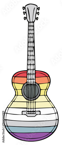 Acoustic guitar musical instrument illustration with pride flag colors and outline, vector art, LGBT