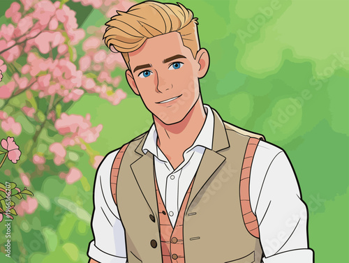 Young man stands in a garden with flowers and greenery during daytime smiling at the viewer