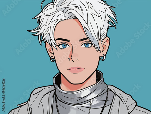 Young man with striking white hair and blue eyes looks directly at the viewer with a simple background