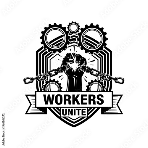 A powerful and determined monochrome vector illustration symbolizing workers' unity with a fist breaking chains on a shield emblem.svg
