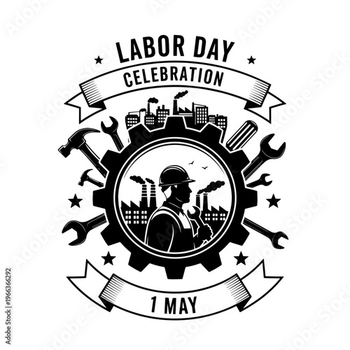 Celebratory Vintage Graphic Illustration for International Labor Day Featuring a Proud Worker Silhouette and Industrial Tools.svg