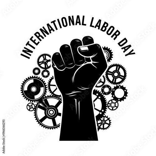 Empowering International Labor Day Minimalist Graphic Illustration Featuring a Raised Fist and Industrial Gears Symbolizing Worker Solidarity and Strength.svg