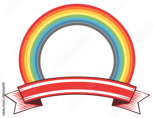 Colorful rainbow arching over a red ribbon banner, symbol of hope and pride.