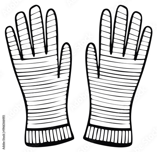 Pair of Striped Winter Gloves Drawn in Black Ink on White