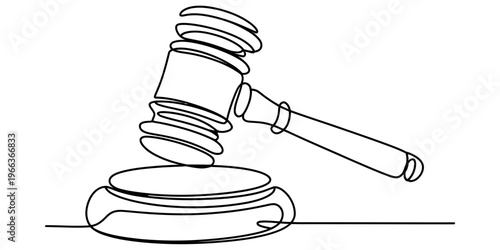 A single continuous line drawing of a wooden judge gavel resting on a sounding block in black. Vector, illustration