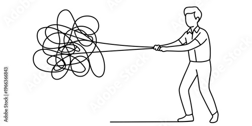 A man stands pulling a long thread out of a messy tangled knot representing problem solving effort Vector, illustration