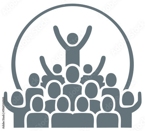 Group of stylized people celebrating success and achievement under a circle