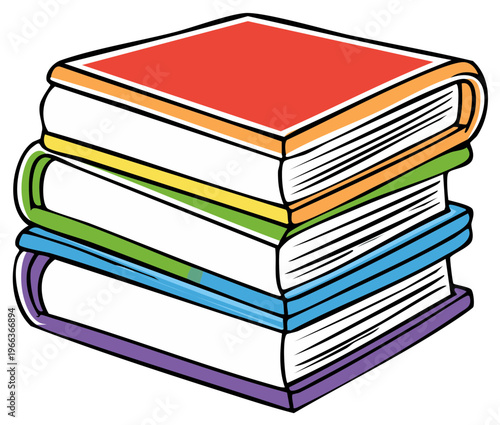 Cartoon illustration of a stack of colorful books, learning and education concept