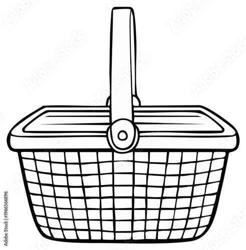 Black and White Sketch of a Wicker Picnic Basket with Handle and Lid