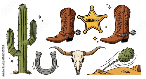 Wild West Cowboy Set: Cactus, Boots, Sheriff Star, Skull, Horseshoe, Landscape
