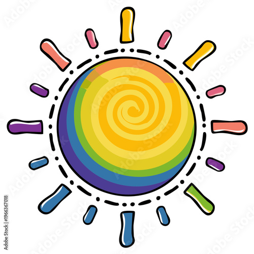 Vibrant rainbow sun with swirling pattern and bright rays celebrating diversity and positivity