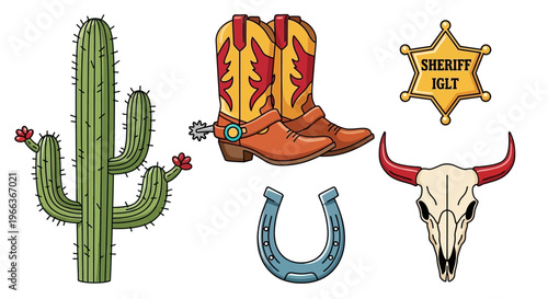 Western Elements Collection: Cowboy Boots, Cactus, Sheriff Badge, Horseshoe, Skull