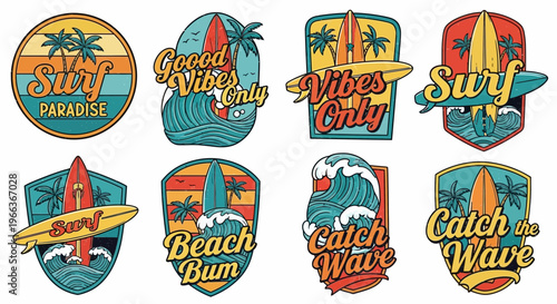 Retro Surf Badges Set: Beach Vibes, Palm Trees, Surfboards & Waves