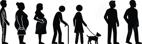 People silhouette diverse characters pregnant woman elderly walking dog vector illustration human life stages lifestyle icon set