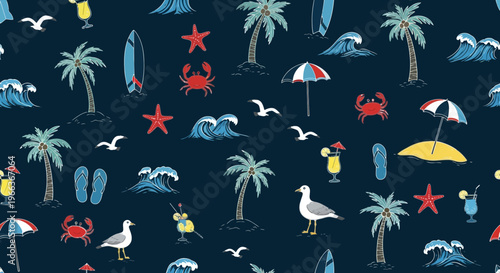 Tropical Beach Pattern: Palm Trees, Surfboards, Waves, Sun, Cocktails, and Crabs