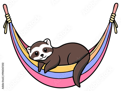 Cute cartoon ferret resting peacefully in a vibrant hammock with pastel colored stripes, creating a relaxing and whimsical scene