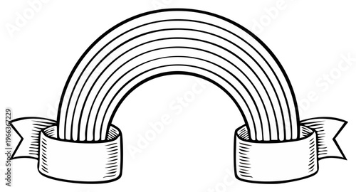 Engraved rainbow graphic with ribbon banners