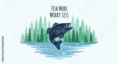 Jumping Bass Fish in Forest Lake, Fishing Lifestyle Concept