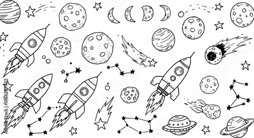 Space Doodle Set: Hand-Drawn Rockets, Planets, Constellations, and Stars in Black and White