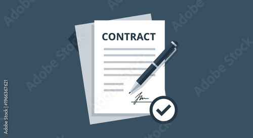 Business Contract Signing with Pen and Approved Checkmark Icon