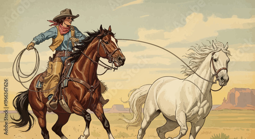 Cowboy Lassoing Horse in Western Desert Landscape