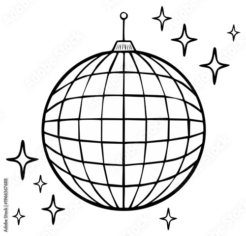 Disco ball vector illustration with shining stars drawn in black lines. Perfect for retro celebration, holiday, or dance event.