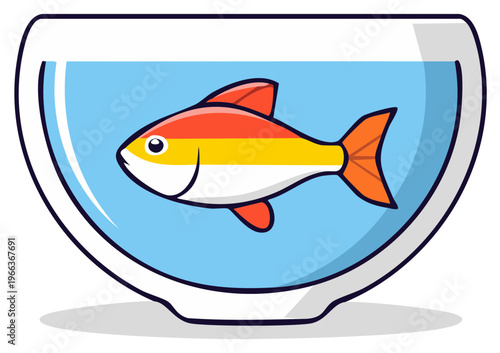 Stylized cartoon fish swimming in a clear glass bowl filled with blue water