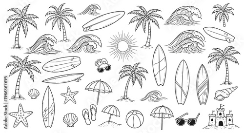 Summer Beach Elements Collection: Palm Trees, Surfboards, Waves, Sun, Beach Castle