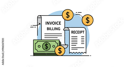 Invoice and Billing Document with Money and Receipt, Representing Financial Transactions
