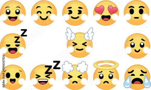 Digital cartoon emoji icon set of 13 expressive yellow faces including happy, laughing, heart-eyed, cool, winking, devil, and halo expressions