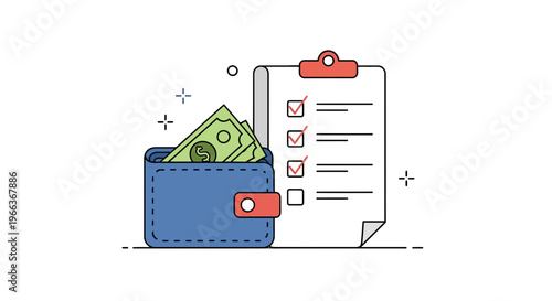Blue wallet with money and a checklist on a clipboard, representing financial management and budgeting tasks.
