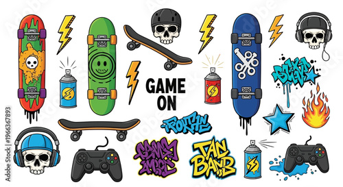 Skateboarding Graffiti and Gaming Elements Vector Set