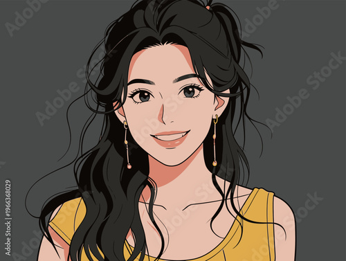 Young woman with long black hair and earrings smiles in a simple portrait with a dark background