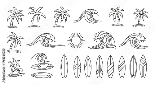 Tropical Beach Elements: Palm Trees, Waves, Sun, Surfboards - Line Art Collection