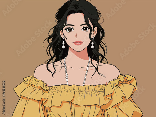 Young woman poses with black hair and yellow dress while wearing pearls in a simple setting at daytime without visible background