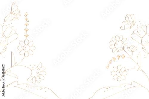 Png gold flower line art frame, transparent botanical sticker illustration