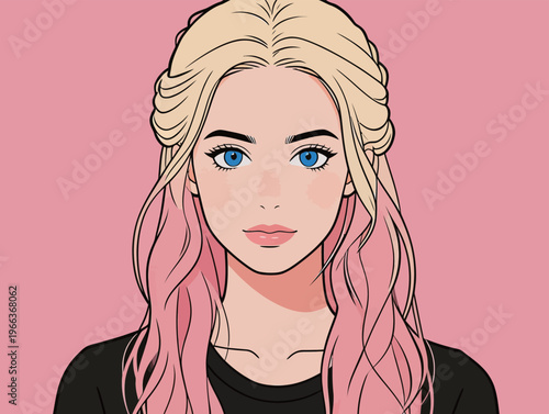 Young woman with blonde hair and pink highlights poses against a pink background while looking directly at the viewer