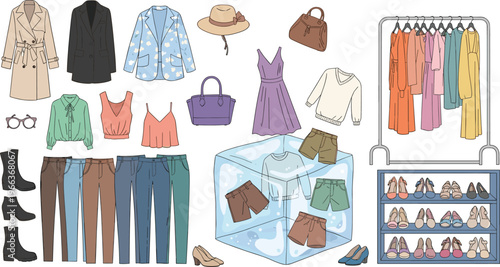 Women Fashion Wardrobe Collection Featuring Clothing Rack, Shoes Shelf, Handbags, Dresses, Pants and Seasonal Outfit Organizer Vector Illustration Set