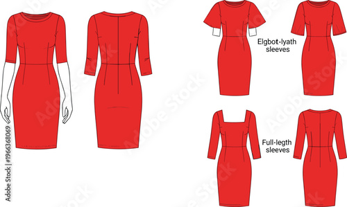 Red bodycon dress fashion technical drawing set with elbow sleeve and full sleeve styles front and back views