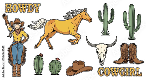 Cowgirl, Horse, Cactus, Skull, Boots, Hat - Western Theme Elements