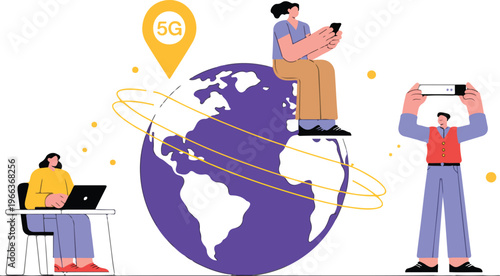 Minimalist cartoon-style 5G network illustration featuring globe with continents, location pin, and three figures using digital devices flat modern vector