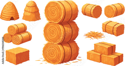 Hay Bale and Straw Stack Collection Featuring Round Rolls, Square Bales, Farm Haystacks and Agricultural Harvest Elements Vector Illustration Set