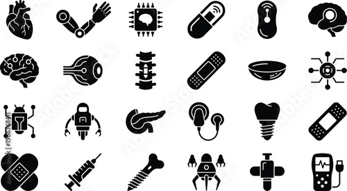 Medical technology icons set, healthcare biotech AI prosthetics vector silhouette medicine devices innovation hospital isolated modern design collection