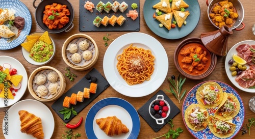 Delicious Table Full of Various International Dishes from Top View