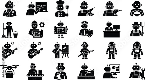 Robot professions icons set, AI workers jobs vector silhouette automation industry service healthcare construction music space modern design collection