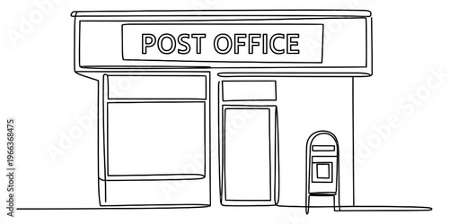 A simple black and white line drawing of a small post office building with a mail box outside. Vector, illustration