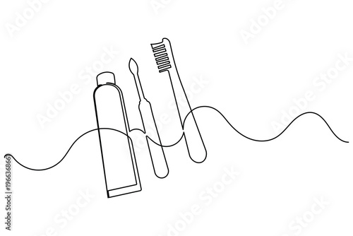 Toothbrush and toothpaste tube with electric brush in one line art style on white background